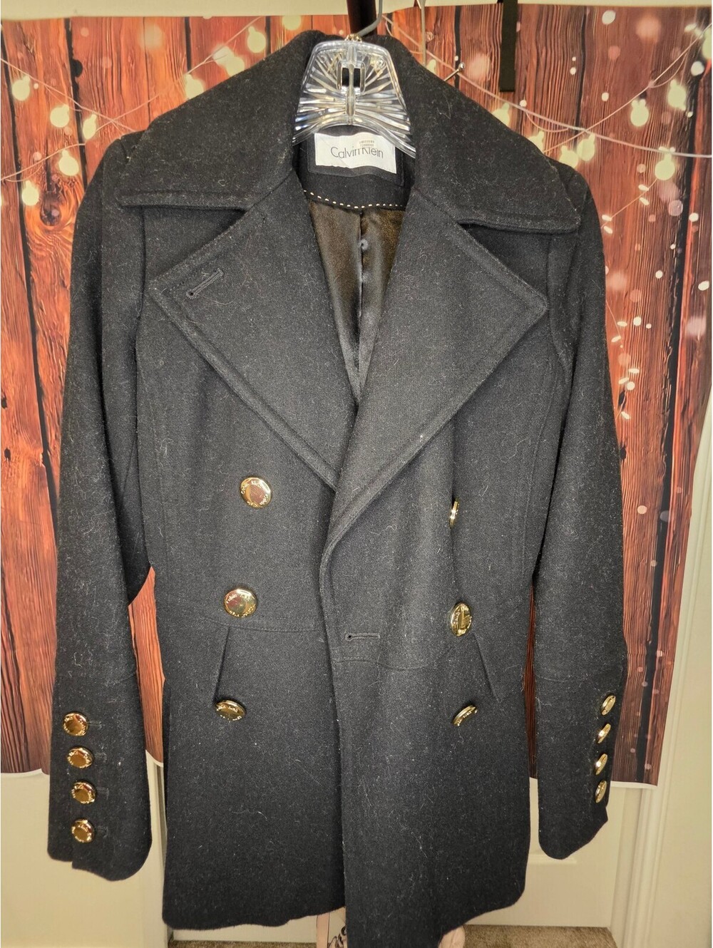 Calvin Klein Women's Black Wool Pea Coat with Gold Buttons
